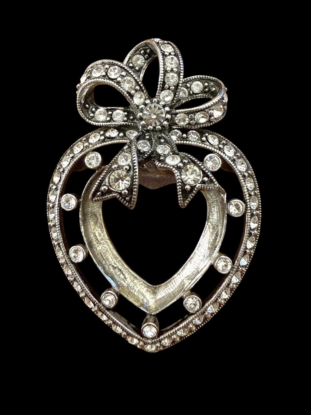 Joan Rivers Crystal Heart Bow Brooch Pin Silver Tone Rhinestone Statement